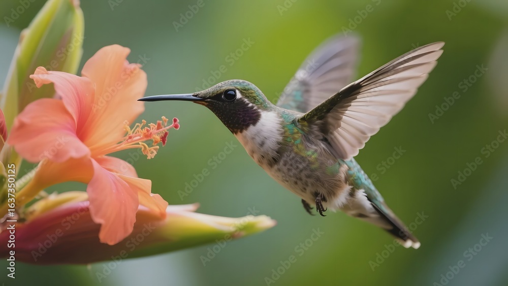 Fototapeta premium Hummingbird Hovering Near a Vibrant Orange Flower