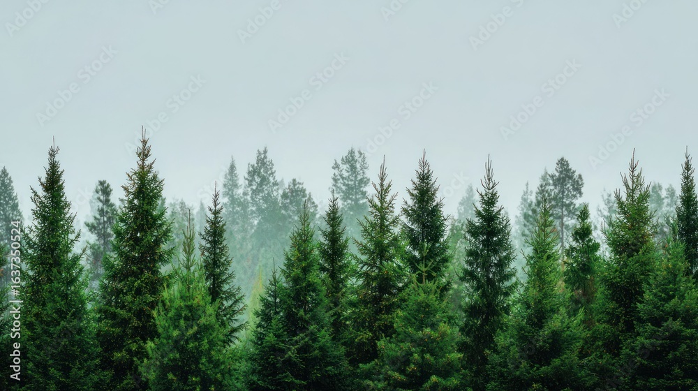 Fototapeta premium Foggy forest, rows of evergreen trees