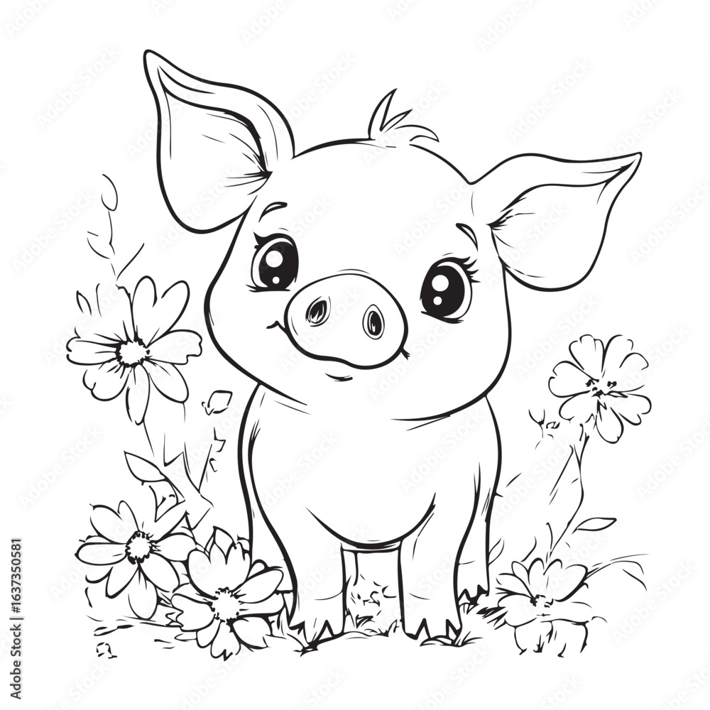 Fototapeta premium Cute Pig in Grass with Flowers Line Art vector silhouette