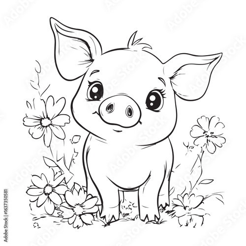 Cute Pig in Grass with Flowers Line Art vector silhouette