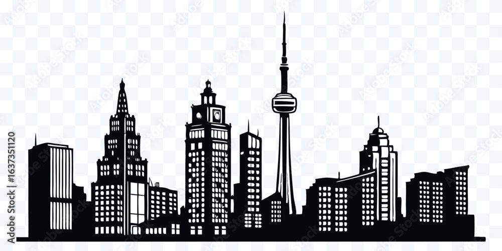 Obraz premium Black and White Silhouette of a Modern City Skyline with Prominent Skyscrapers and a Distinct Tower on a Clear Backdrop