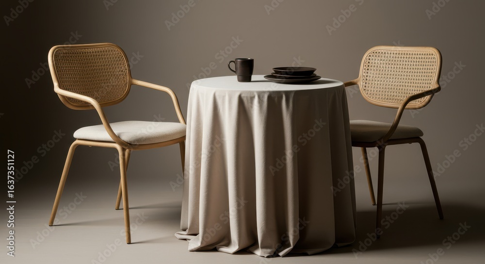 Fototapeta premium Elegant Dining Setup with Rattan Chairs Table and Minimalist Tableware for Intimate Gatherings or Sophisticated Restaurant Interiors