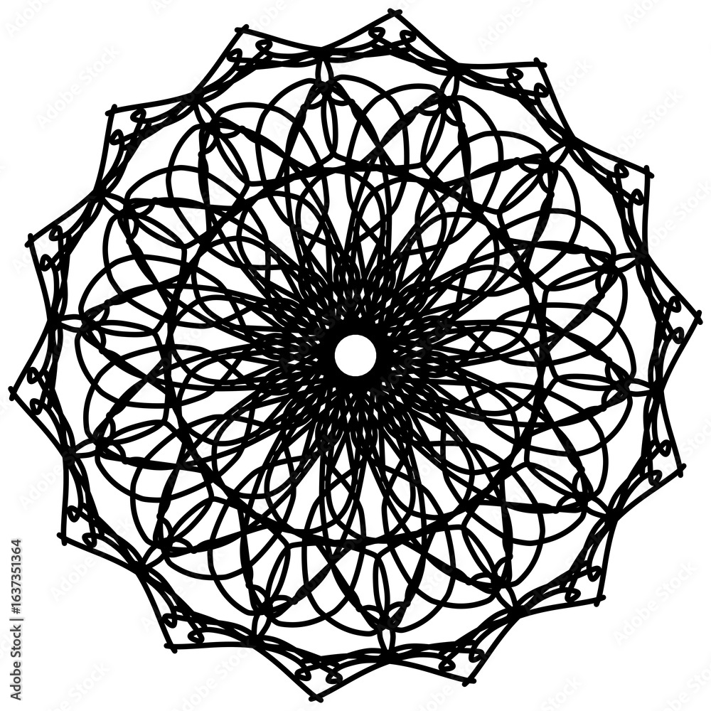 Obraz premium Abstract art with beautiful black and white interlaced lines resembling flower petals used for screen printing on fabric, tiles, or as tattoos. Transparent background image.