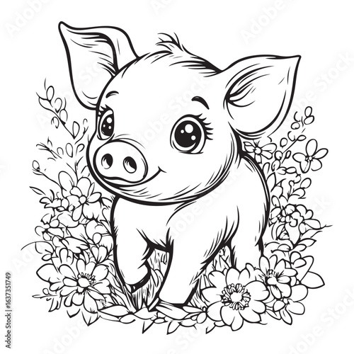 Cute Pig in Grass with Flowers Line Art vector silhouette
