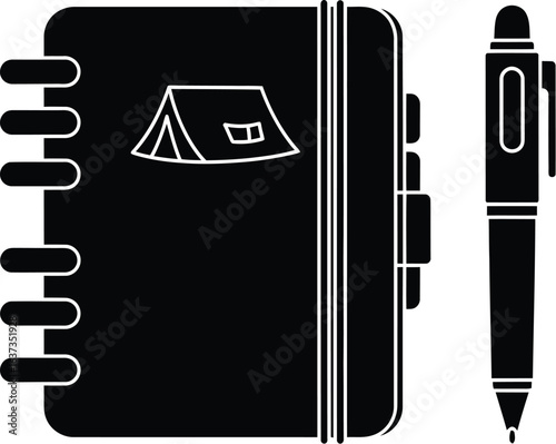 Silhouette of a camping notebook and pen, ideal for planning outdoor adventures, jotting down travel memories or organizing camping gear