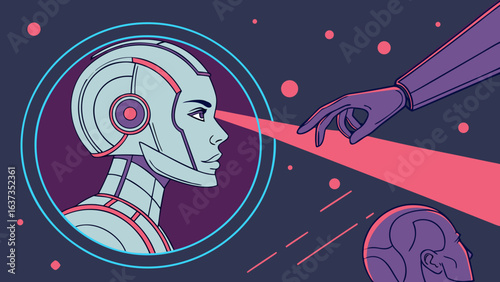 Futuristic robot interaction and artificial intelligence concept art with a humanoid robot being touched