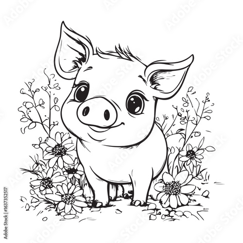 Cute Pig in Grass with Flowers Line Art vector silhouette