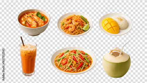 Set of 6 Traditional Thai Food Dishes and Drinks Isolated on Transparent Background – Tom Yum, Pad Thai, Mango Sticky Rice, Thai Iced Tea, Som Tum, Coconut Water
