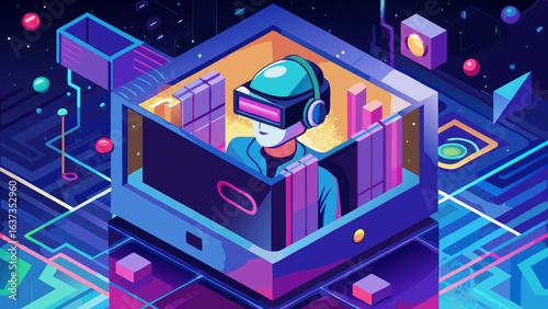 Immersive virtual reality experience person engaged in futuristic digital world with neon lights