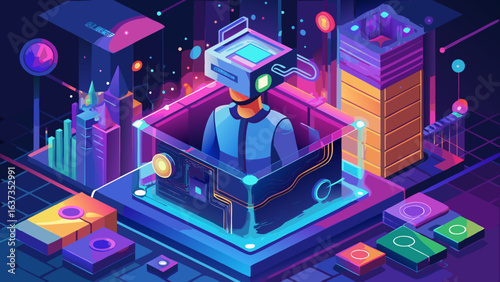 Futuristic digital metaverse experience with a person wearing a vr headset surrounded by neon cityscape elements