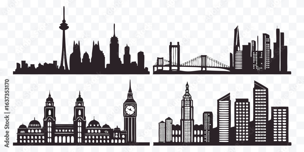 Fototapeta premium Cityscape Silhouettes Vector Set Featuring Famous Landmarks and Modern Architecture Design Elements with High Rises and Iconic Structures