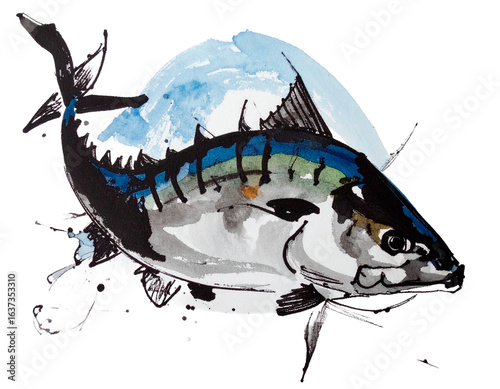 An illustration of mackerel drawn with a brush. Interesting. Handwritten style. Brush. Seafood. Seafood delicacies. Snacks. Animals. Living creatures. Ink. Ink painting. Bluefish. Seafood.