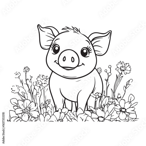 Cute Pig in Grass with Flowers Line Art vector silhouette