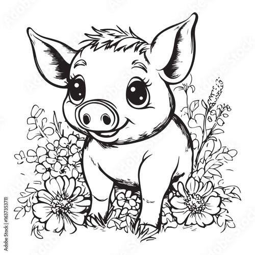 Cute Pig in Grass with Flowers Line Art vector silhouette