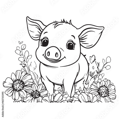 Cute Pig in Grass with Flowers Line Art vector silhouette