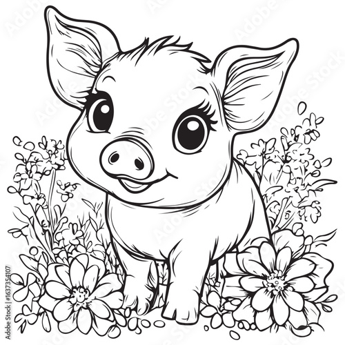 Cute Pig in Grass with Flowers Line Art vector silhouette