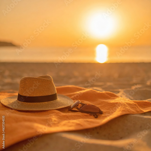 Close up photography of a hat, sunglasses and other beach accessories on a towel on the sand of a beautiful beach.