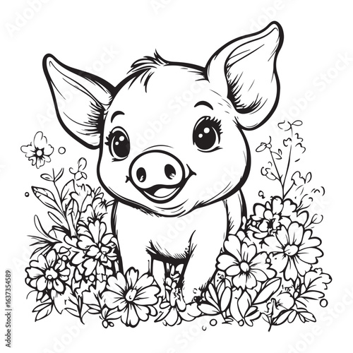 Cute Pig in Grass with Flowers Line Art vector silhouette