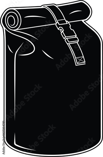 Black waterproof dry bag with roll top closure and buckle, a sack for outdoor gear, travel, adventure, camping and hiking simple and artistic vector illustration