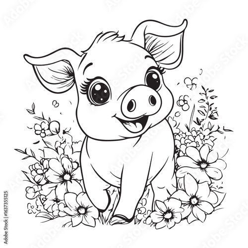 Cute Pig in Grass with Flowers Line Art vector silhouette