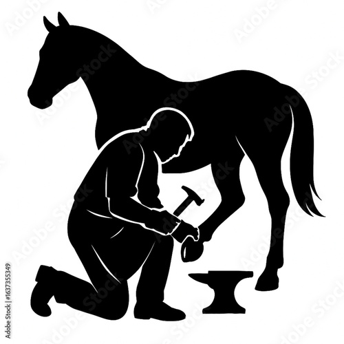 Blacksmith Silhouette Working on Horse’s Hoof – Traditional Farrier Craft Illustration