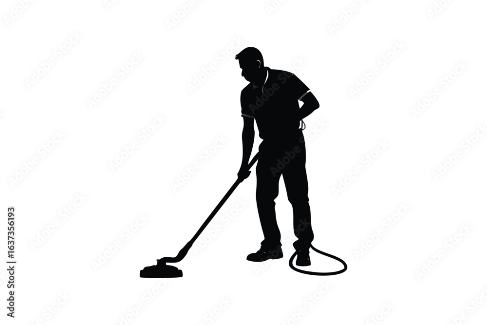 Silhouette of Man Mopping Floor in Black and White Silhouette of Man Mopping Floor in Black and White
