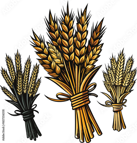 Three colorful wheat sheaves with ribbons grain cereal