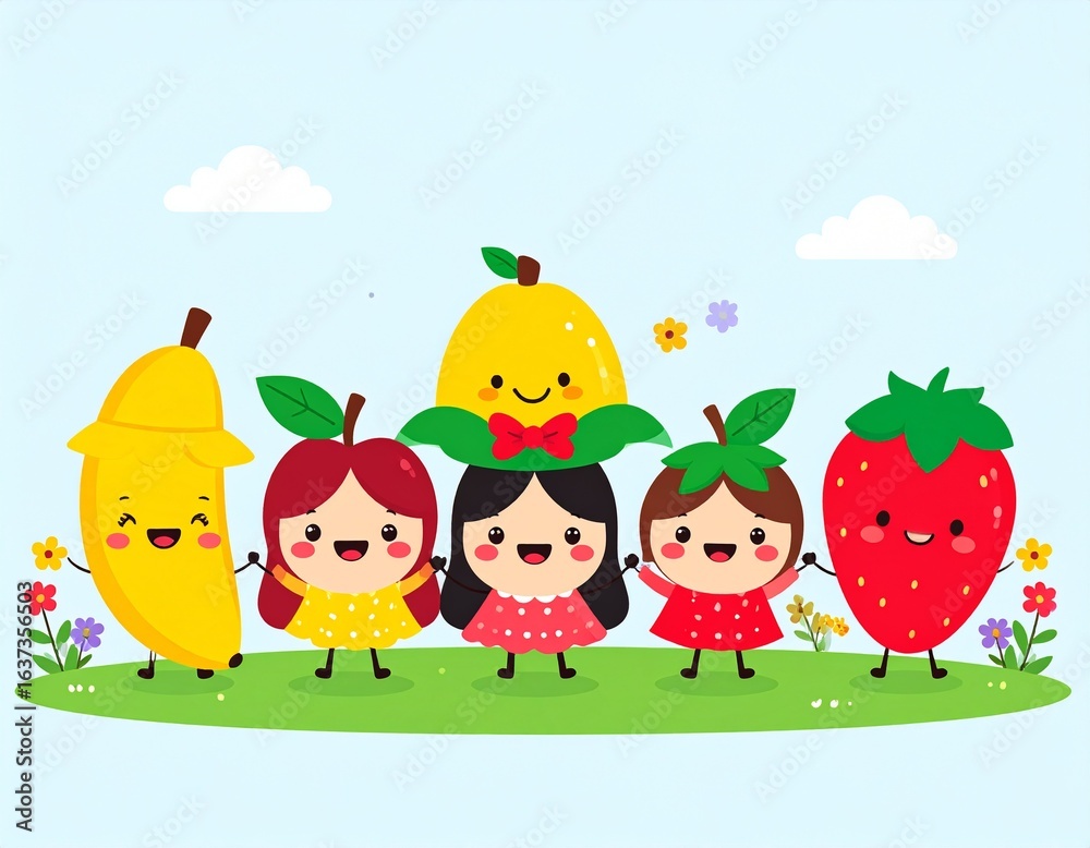 Fototapeta premium Set of happy kids fruit character vector collection. Illustration of character poses using 