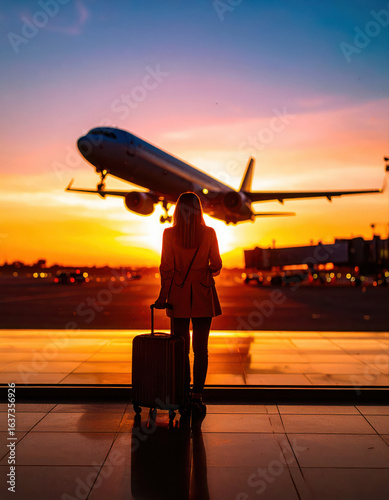 People looking at the view with airplane in the sky at the terminal in the airport.