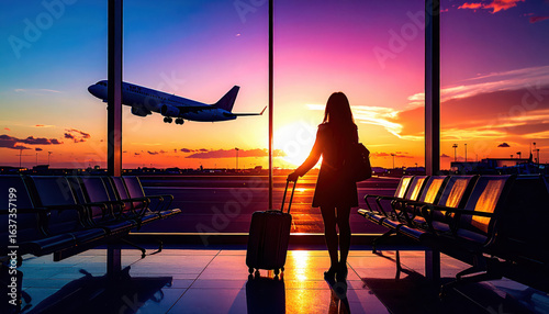 People looking at the view with airplane in the sky at the terminal in the airport.