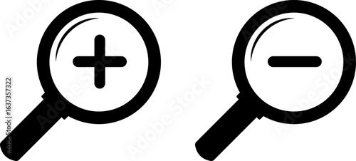  zoom in and zoom out icons.  search and investigation symbol. magnifier with plus and minus. loup with check mark signs
