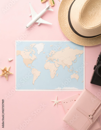 Close up photography of a map with other holiday gear is placed on a table.