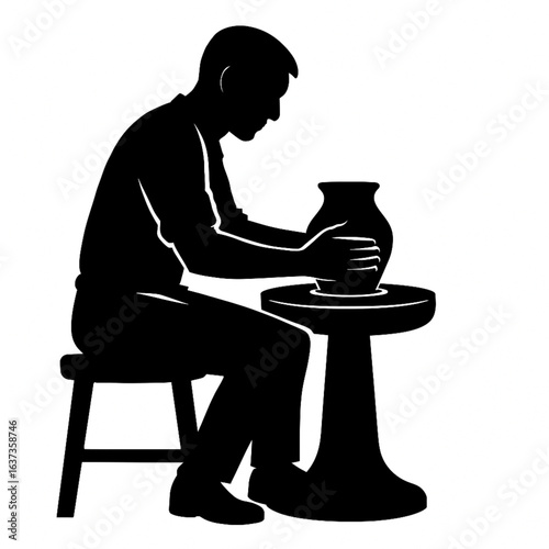 Potter Silhouette Shaping Vase on Pottery Wheel – Traditional Ceramic Craft Illustration