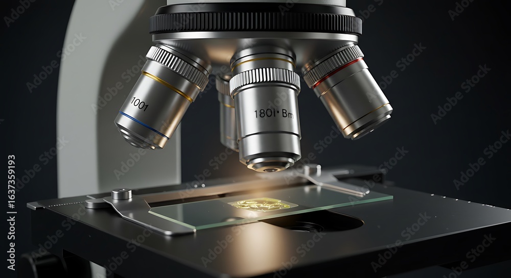 Fototapeta premium Close-up of a high-end microscope with a glass slide under the lens. Studio lighting enhances clarity and realism.