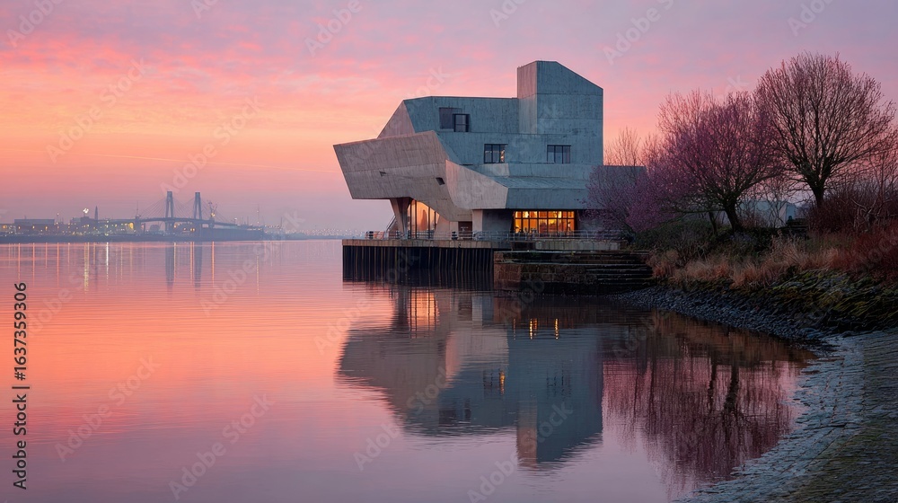 Obraz premium Modern building at dawn, river reflection