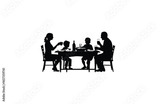 creative digital colorful vibrant crisp clean stylish elegant modern detailed professional high quality Silhouette of a Family of Four Enjoying a Meal Together at a Table