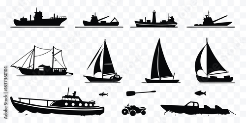 Collection of Nautical Vessels and Boats in Silhouette Style Featuring Ships Sailboats and More Maritime Transportation Objects for Design Projects