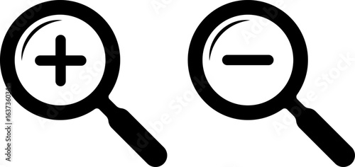  zoom in and zoom out icons.  search and investigation symbol. magnifier with plus and minus. loup with check mark signs
