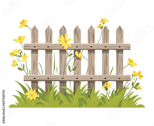 Weathered Picket Fence with Yellow Flowers