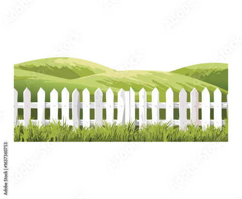 White Picket Fence with Green Rolling Hills