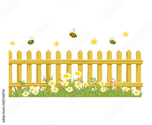 Wooden Picket Fence with Flowers and Bees