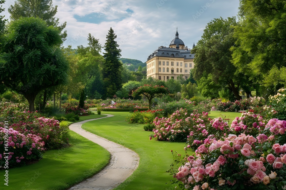 Obraz premium Elegant rose garden with winding paths and a majestic fountain centerpiece in full seasonal bloom