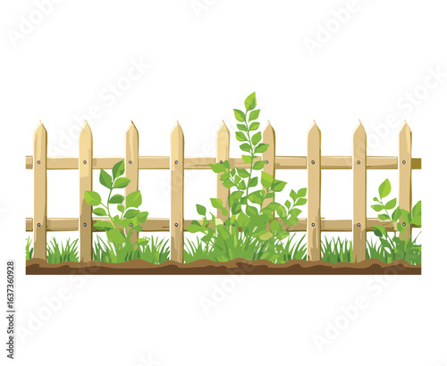 Picket Fence with Green Plants and Leaves