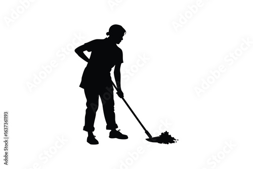 Silhouette of a woman mopping with a mop