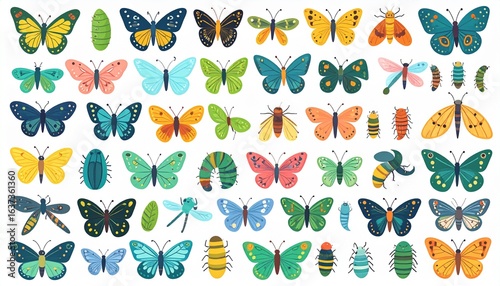 Bright insects set. Beautiful stickers of butterflies, caterpillars, moths, dragonfli