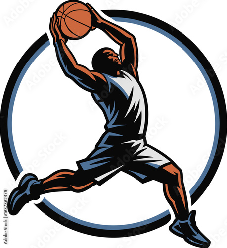 Basketball player silhouette in mid-dunk, illustrated in a circular logo design for sports