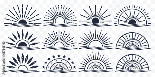 Collection of Sun Ray Icons and Sunrise Symbols with Various Artistic Styles and Geometric Designs for Creative Projects