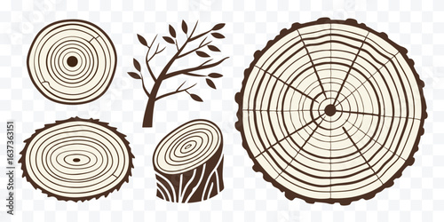 Collection of stylized tree trunk cross sections and tree silhouette showcasing wood grain patterns and natural growth rings
