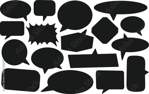 Speech bubble silhouettes, comic text frames, dialogue balloon shapes, blank callout icons, vector conversation elements, cartoon chat boxes, pop art clipart set