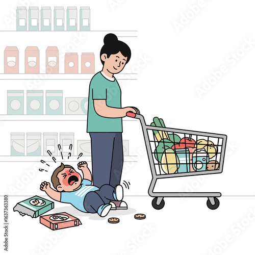 Tantrum time Mom tries to shop while her child has a meltdown on the store floor, groceries scattered everywhere, chaos, mom life, shopping woes, parenting struggles, modern art